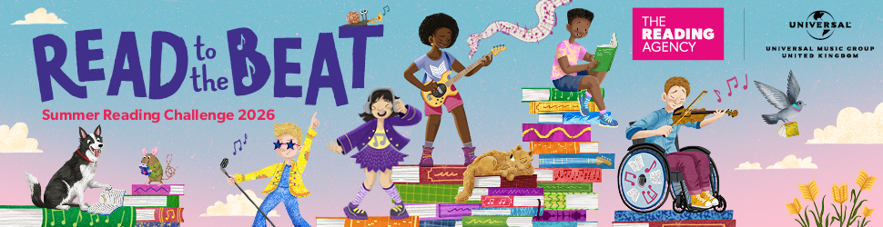 Banner for Read to the Beat Summer Reading Challenge shows illustrated, colourful characters of children and pets sitting on books and playing a variety of instruments